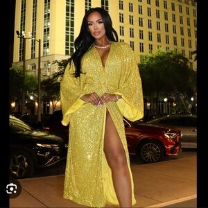NWT Fashion Nova Dancing Queen Yellow Sequin Maxi Dress, size Medium